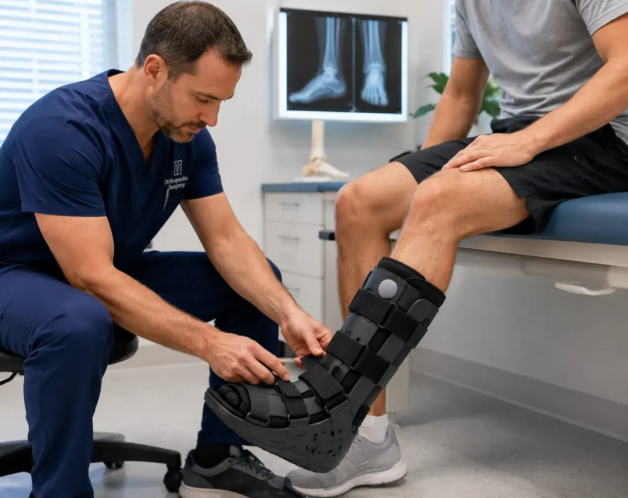 Patient being fitted with a walker boot at Emerald Coast Ortho in Fort Walton Beach, FL